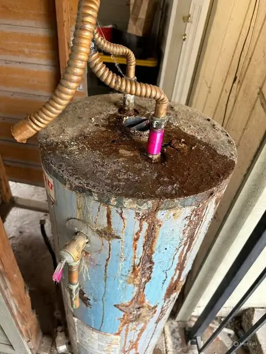 Severely corroded water heater tank with rust streaks in a Harrisburg PA home