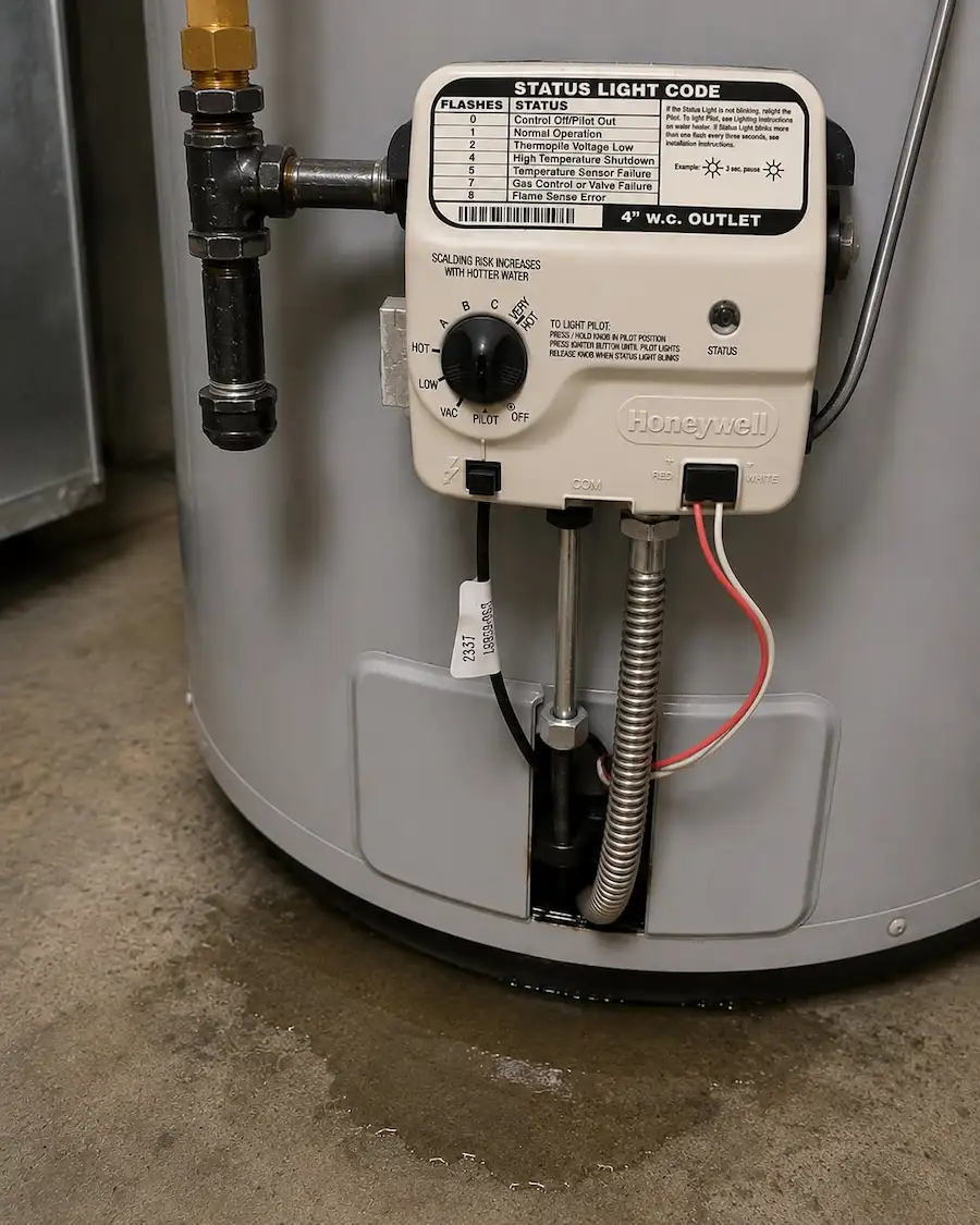 Honeywell gas control valve at the base of a leaking water heater in Harrisburg PA