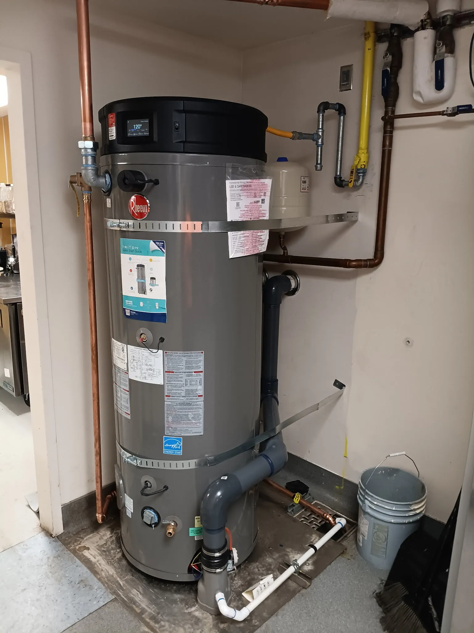 Rheem Triton commercial water heater in a Harrisburg PA commercial kitchen